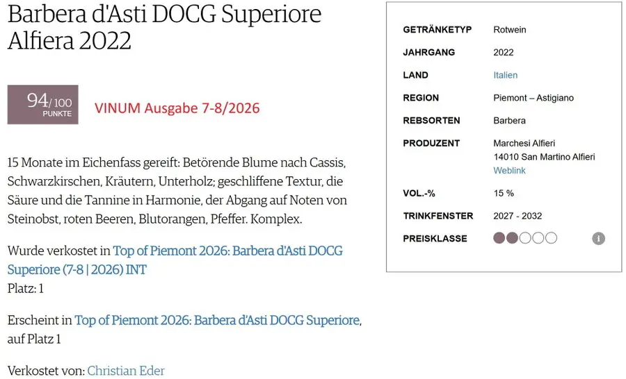 Bewertung Barbera d´Asti ALFIERA in VINUM