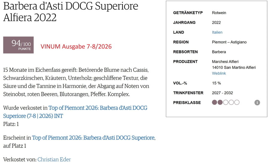 Bewertung Barbera d´Asti ALFIERA in VINUM